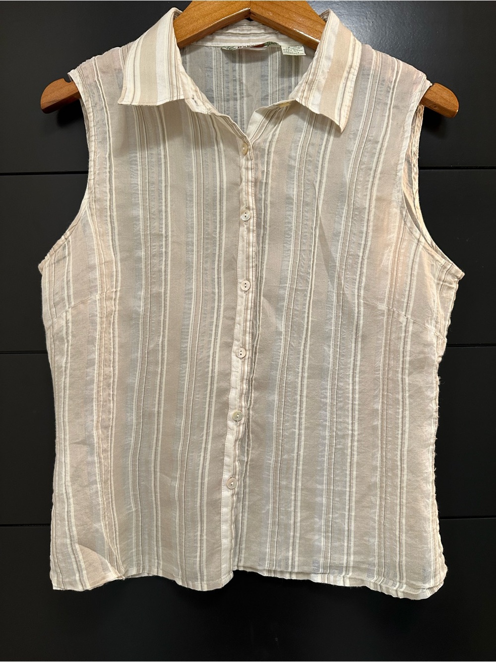 Tommy Bahama Cream & Beige Striped Sleeveless Silk/Cotton M Button-Down Shirt
